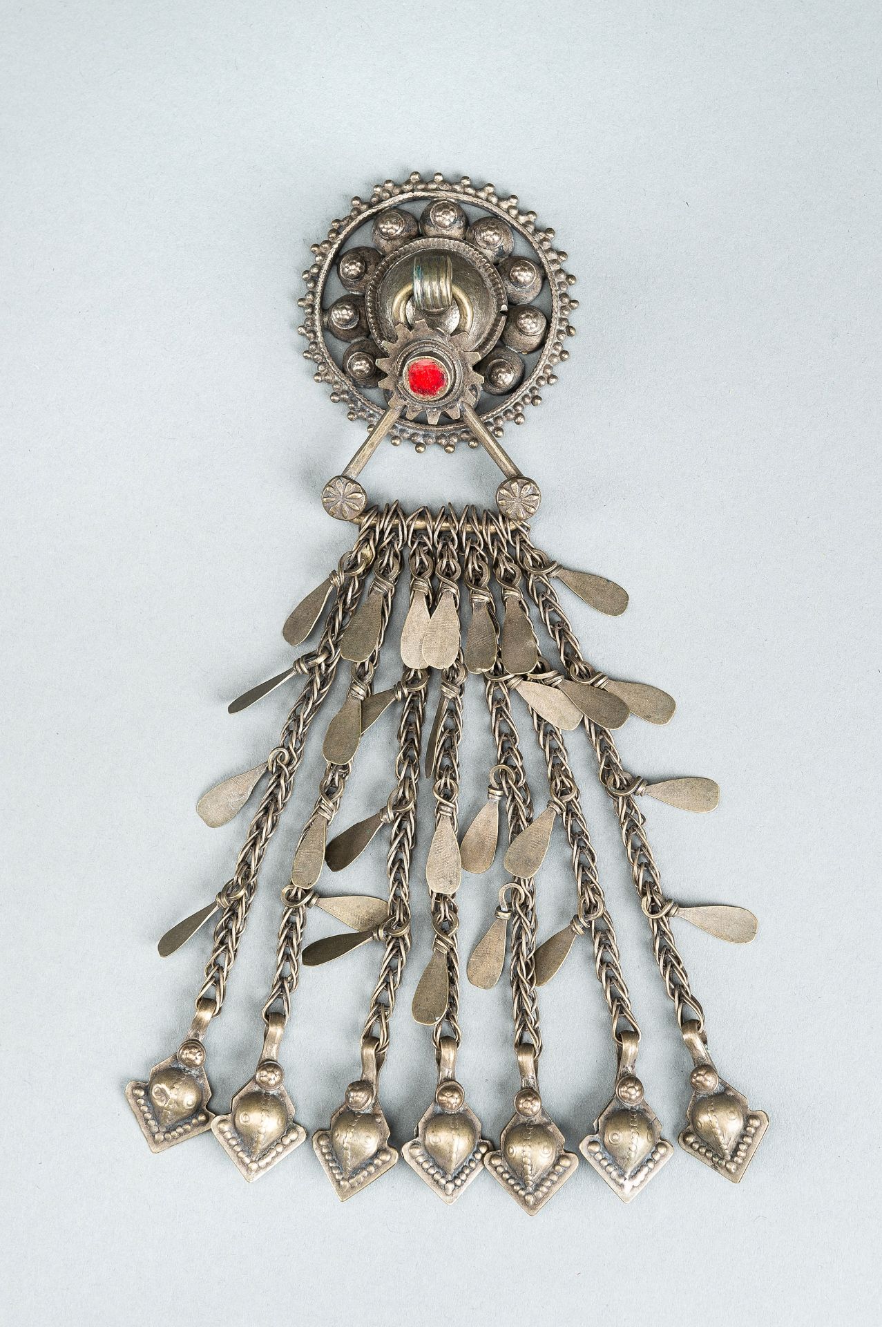 THREE TRIBAL AFGHAN METAL ORNAMENTS WITH INSETS, c. 1950s - Image 2 of 16