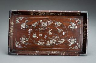 A FINE MOTHER-OF-PEARL INLAID WOOD TRAY, 19TH CENTURY