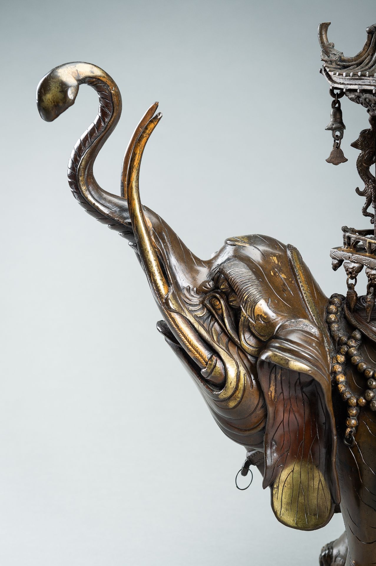 A MONUMENTAL `ELEPHANT AND PAGODA` PARCEL-GILT BRONZE INCENSE BURNER, MEIJI - Image 7 of 20