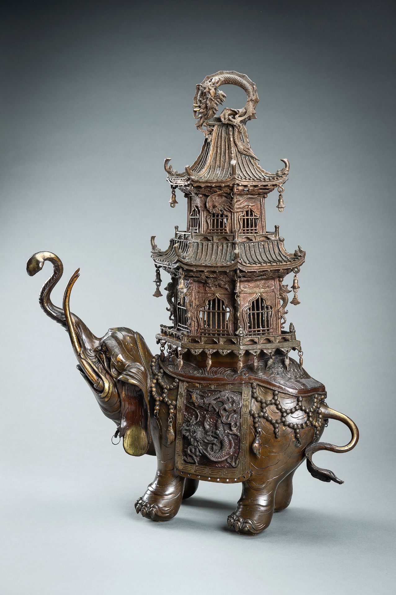A MONUMENTAL `ELEPHANT AND PAGODA` PARCEL-GILT BRONZE INCENSE BURNER, MEIJI - Image 9 of 20