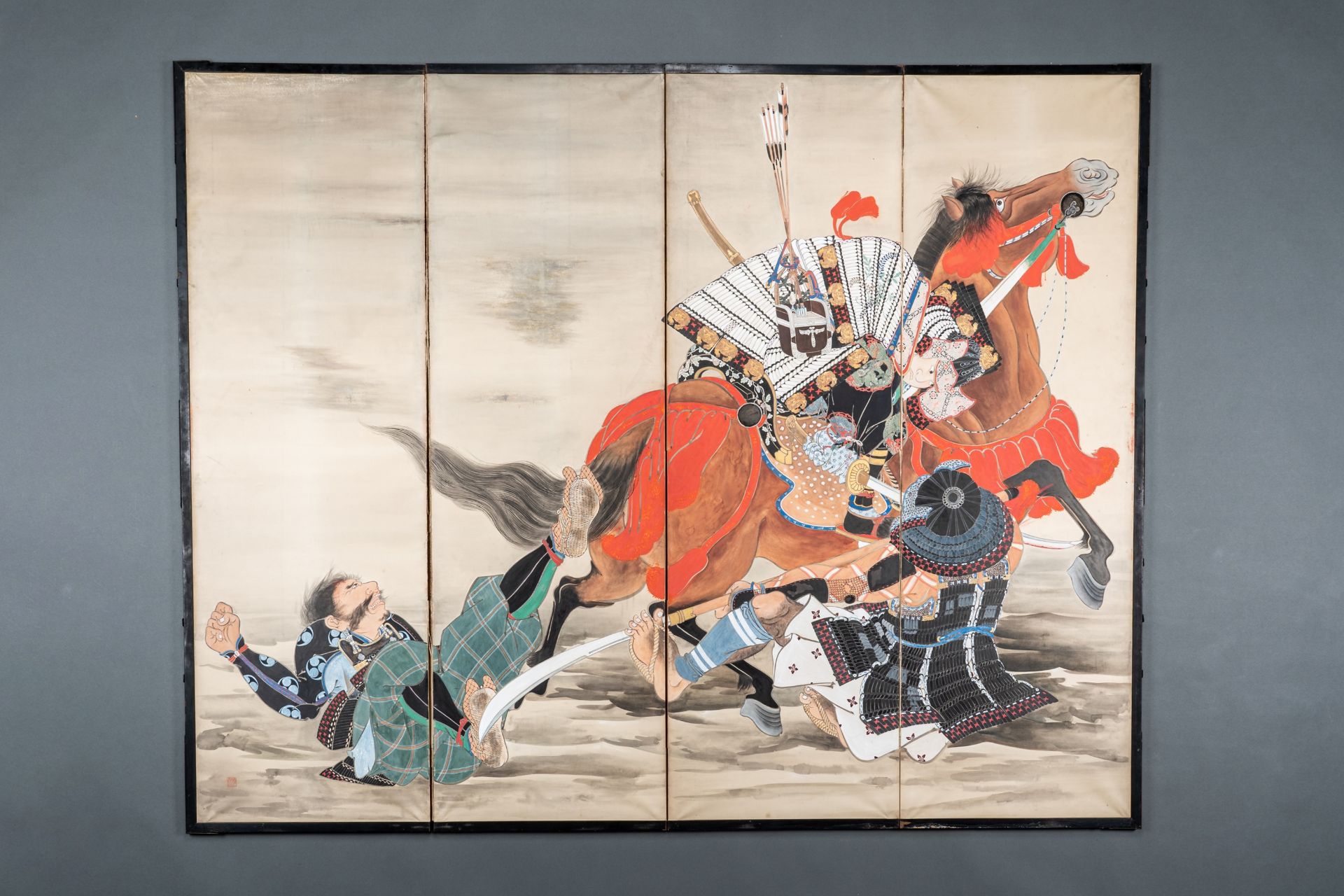 A FOUR-PANEL BYOBU SCREEN DEPICTING SAMURAI, MEIJI - Bild 2 aus 9