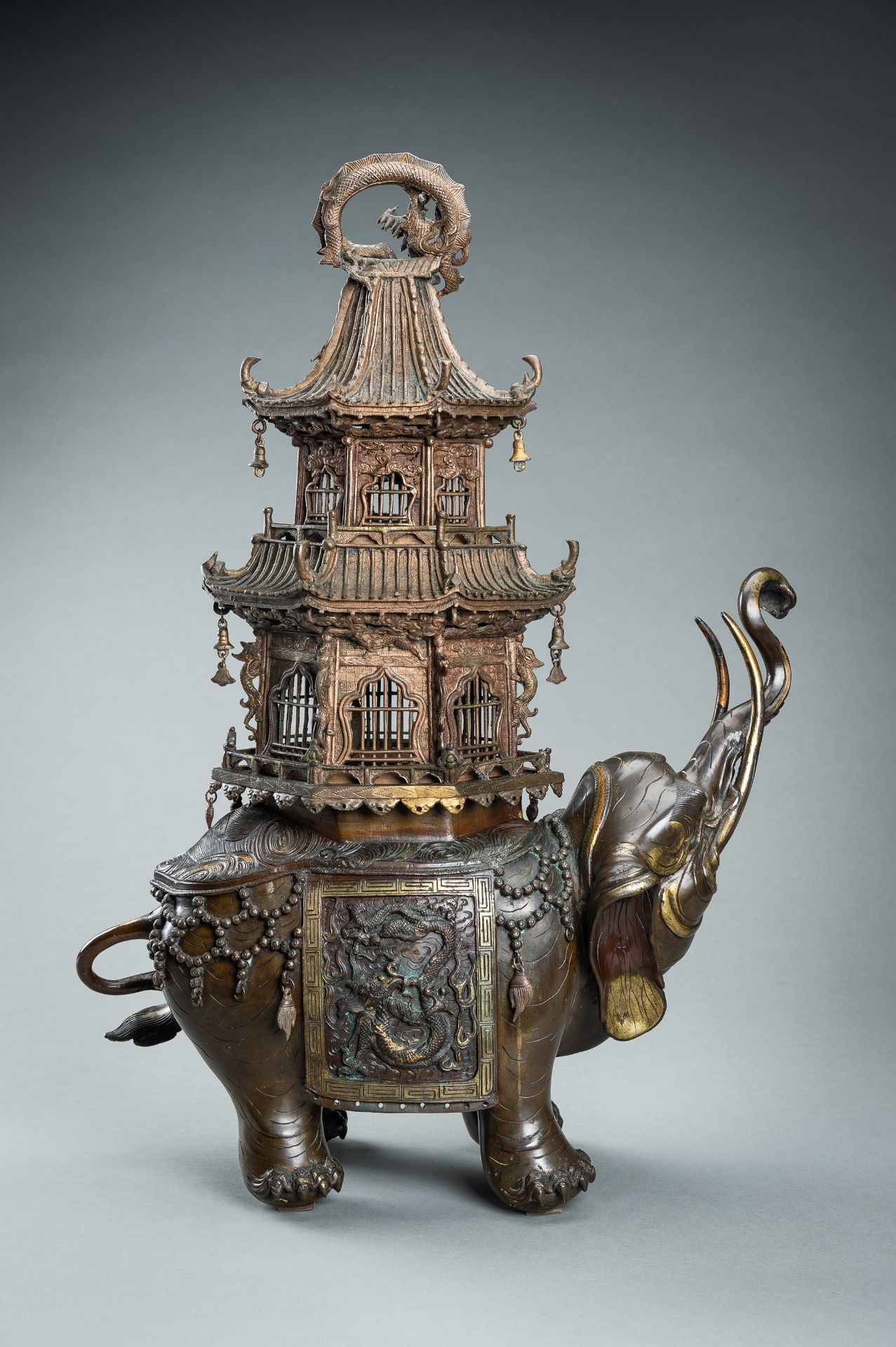 A MONUMENTAL `ELEPHANT AND PAGODA` PARCEL-GILT BRONZE INCENSE BURNER, MEIJI - Image 10 of 20