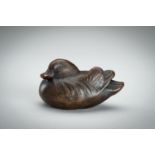 A SMALL METAL OKIMONO OF A MANDARIN DUCK, MEIJI