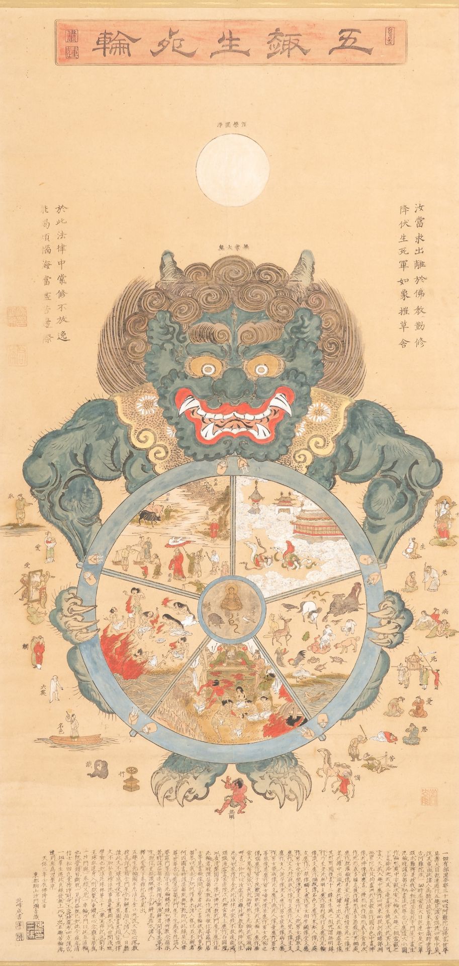 A HAND PAINTED WOODBLOCK PRINT OF THE BHAVACAKRA MANDALA, MOUNTED AS A HANGING SCROLL