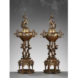 A PAIR OF SUPERB TAKAOKA GOLD-INLAID BRONZE 'MYTHICAL BEASTS' KORO (INCENSE BURNERS) AND COVERS