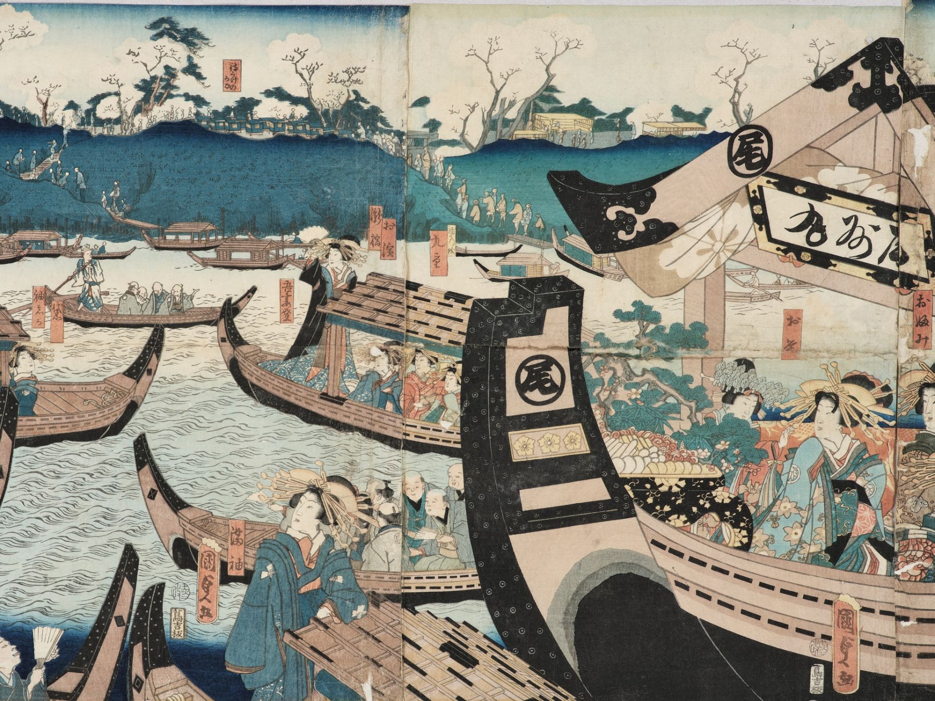 UTAGAWA KUNISADA II, PENTAPTYCH: COURTESANS OF THE HOUSE OF OWARIYA HIKOTARO VIEWING CHERRY BLOSSOMS - Bild 5 aus 7
