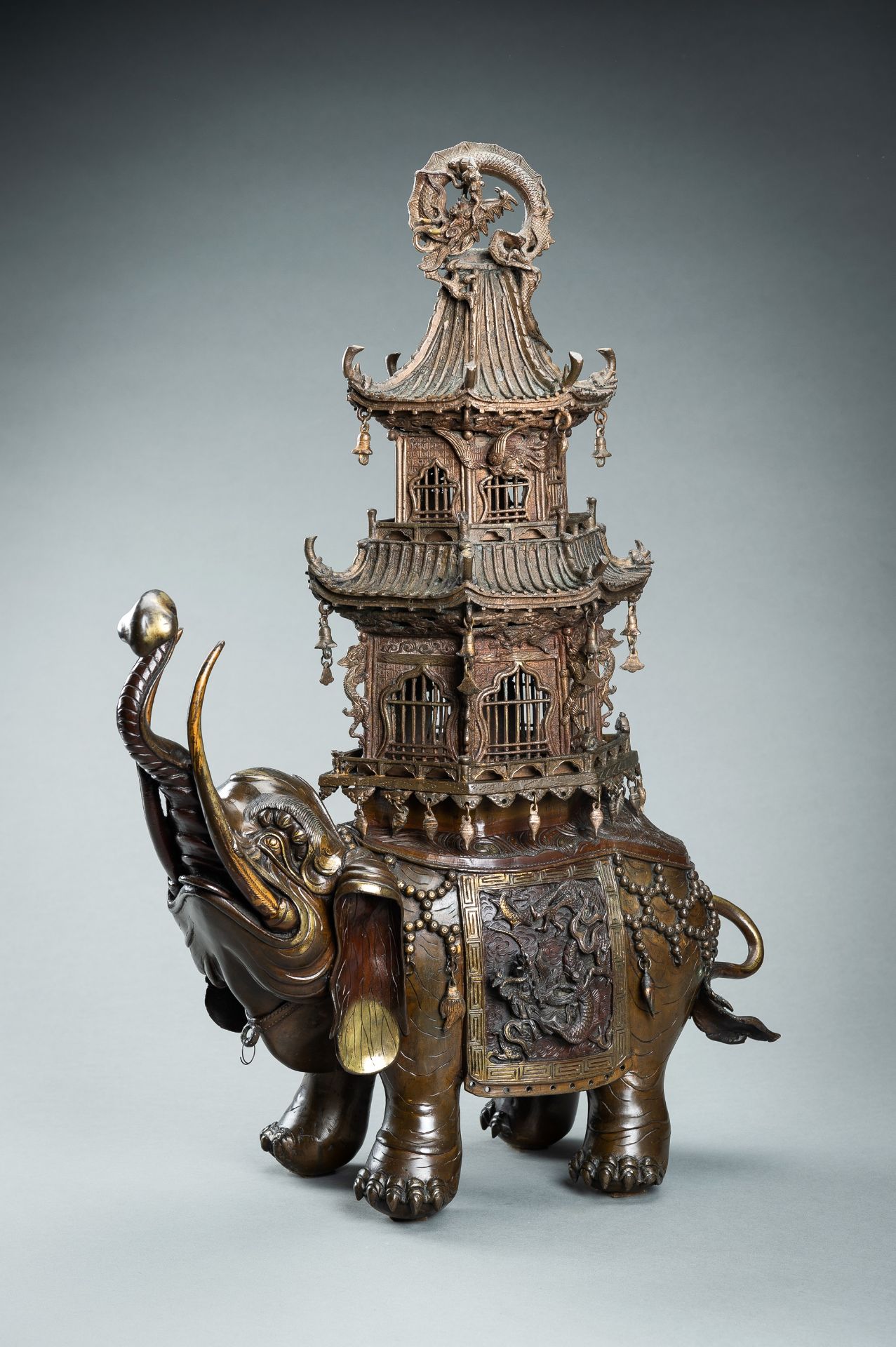 A MONUMENTAL `ELEPHANT AND PAGODA` PARCEL-GILT BRONZE INCENSE BURNER, MEIJI - Image 6 of 20