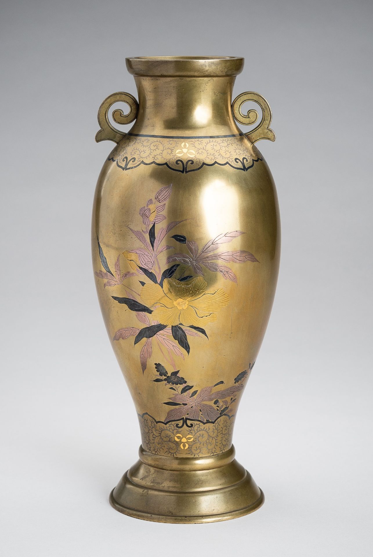 A FINE INLAID SENTOKU VASE WITH PEONIES AND BIRD, MEIJI