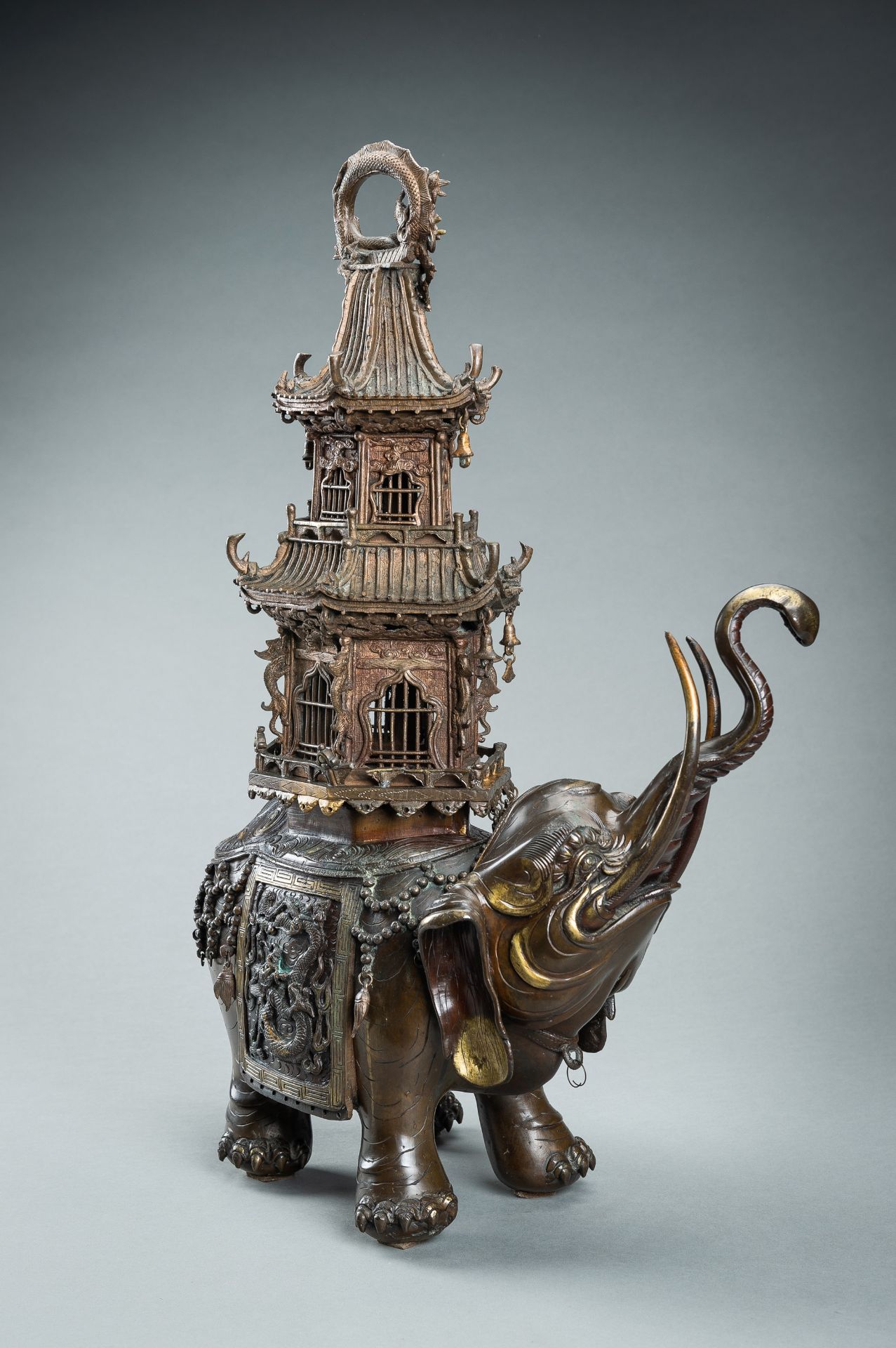 A MONUMENTAL `ELEPHANT AND PAGODA` PARCEL-GILT BRONZE INCENSE BURNER, MEIJI - Image 11 of 20