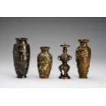 A LOT WITH THREE MIXED METAL VASES AND A CANDLESTICK, MEIJI