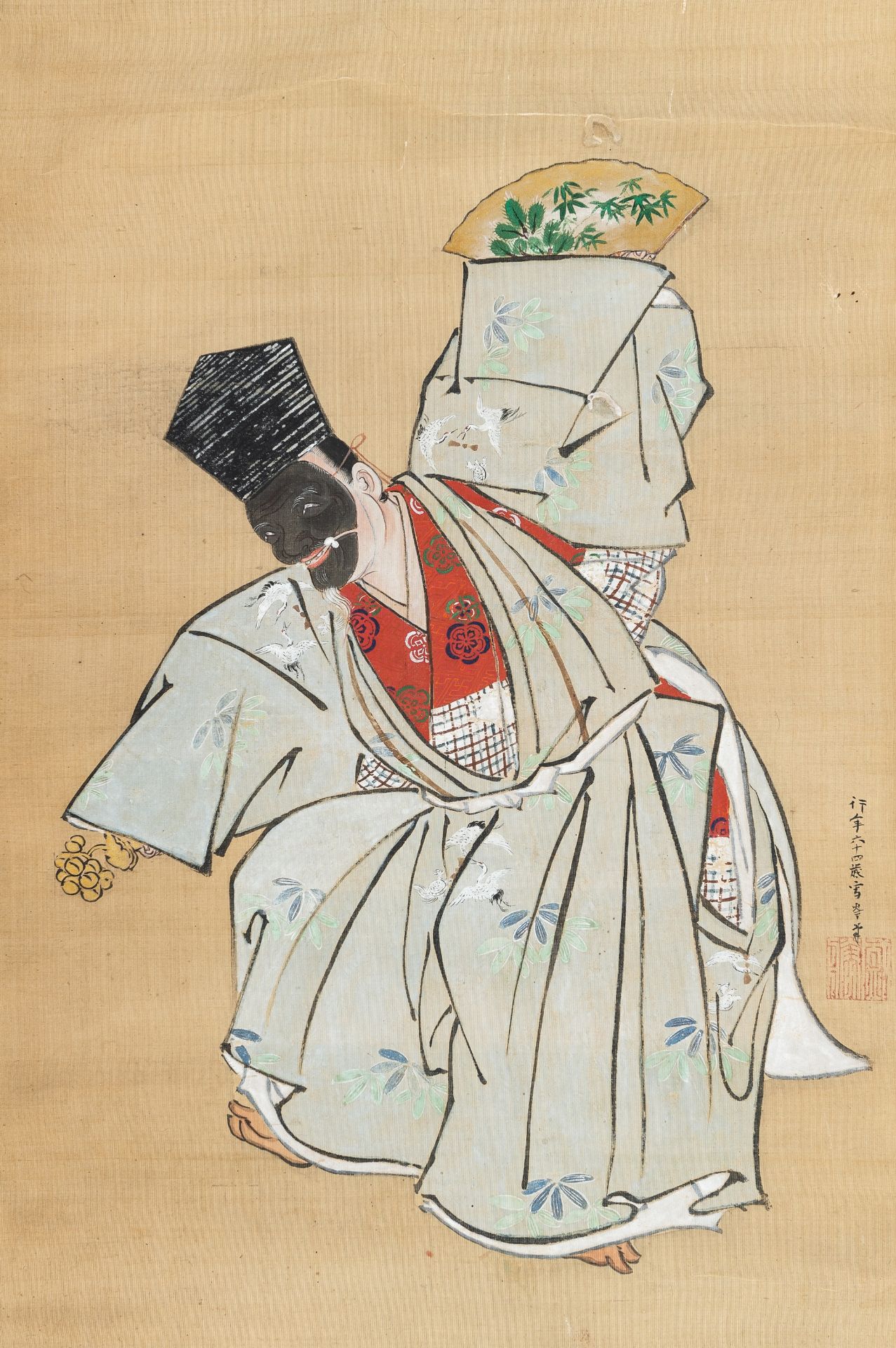 A SCROLL PAINTING OF AN OKINA DANCER, MEIJI