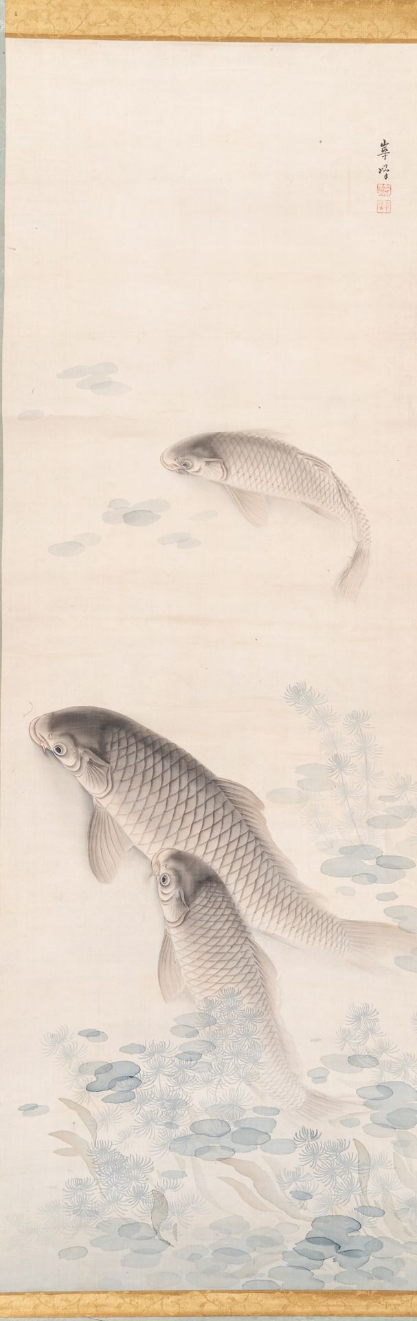 A SIGNED SCROLL PAINTING OF THREE CARPS IN A POND, MEIJI