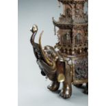 A MONUMENTAL `ELEPHANT AND PAGODA` PARCEL-GILT BRONZE INCENSE BURNER, MEIJI