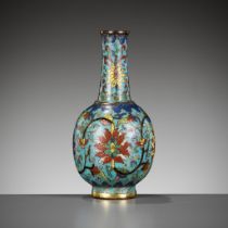 AN IMPERIAL CLOISONNE ENAMEL 'LOTUS' BOTTLE VASE, QIANLONG FIVE-CHARACTER MARK AND OF THE PERIOD