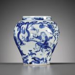 A RARE BLUE AND WHITE 'FOUR IMMORTALS' JAR, JIAJING MARK AND PERIOD, CHINA, 1522-1566