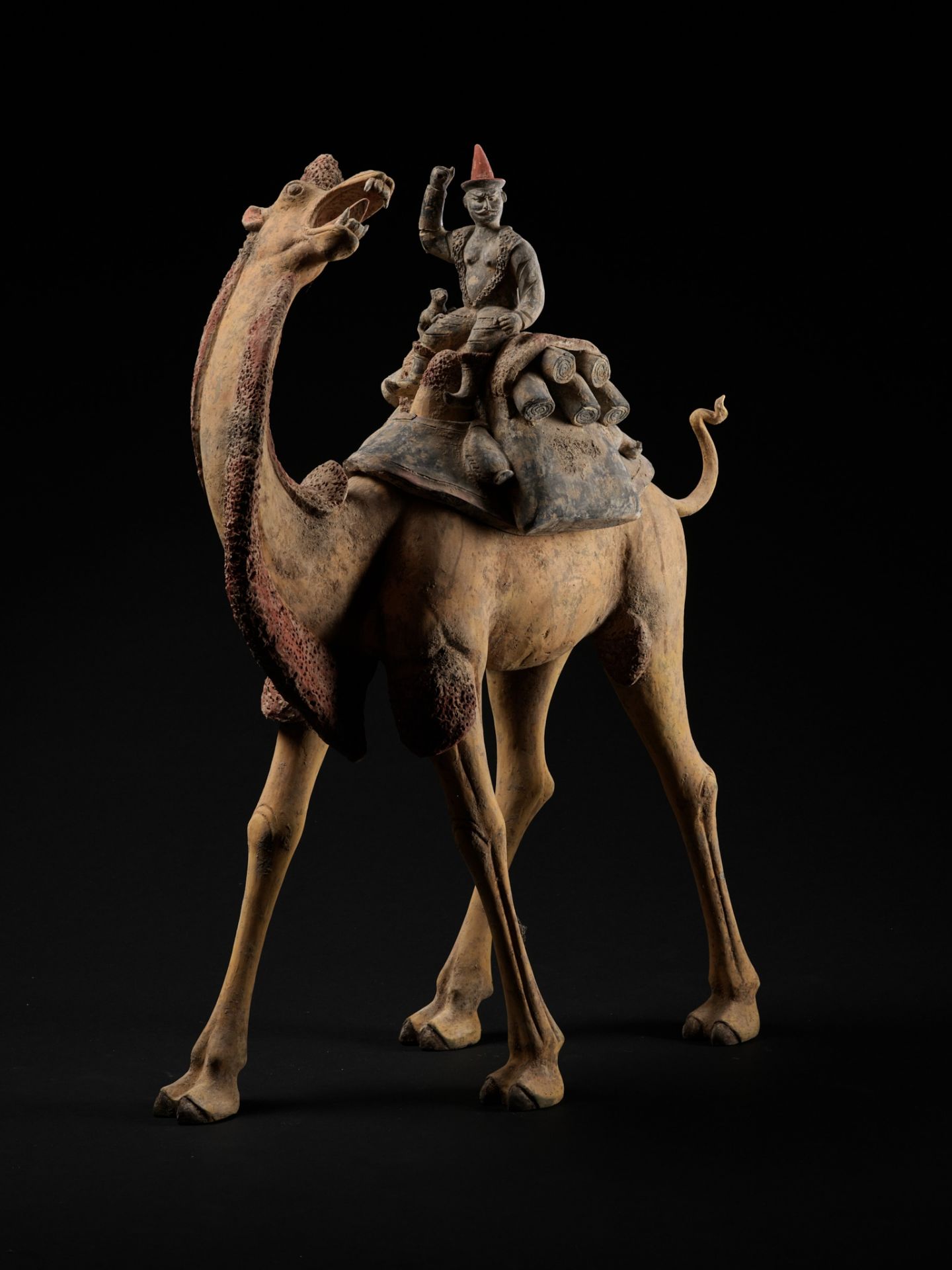 AN EXCEPTIONALLY LARGE PAINTED POTTERY FIGURE OF A BACTRIAN CAMEL AND A SOGDIAN RIDER, TANG DYNASTY - Image 6 of 12