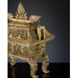 A GILT COPPER REPOUSSE CENSER AND RETICULATED COVER, FANGDING, QING DYNASTY