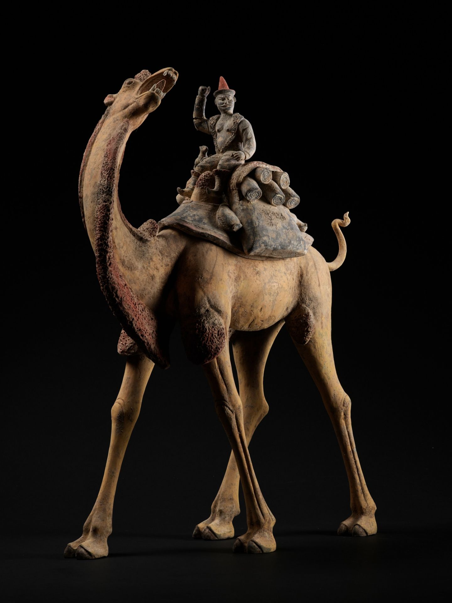 AN EXCEPTIONALLY LARGE PAINTED POTTERY FIGURE OF A BACTRIAN CAMEL AND A SOGDIAN RIDER, TANG DYNASTY - Image 2 of 12