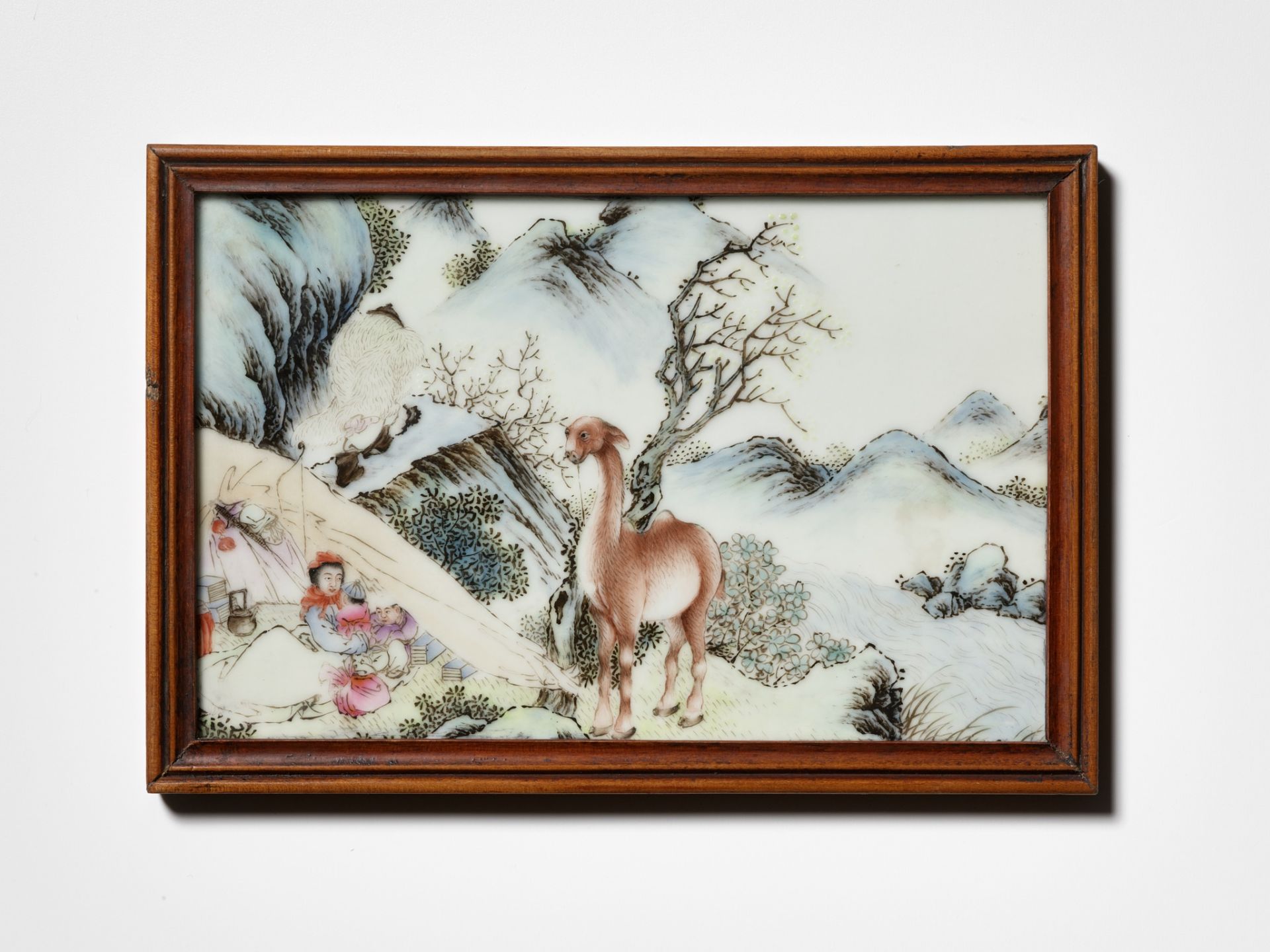 A RARE FAMILLE ROSE 'NOMAD AND CAMEL' PLAQUE, LATE QING DYNASTY - Image 2 of 7