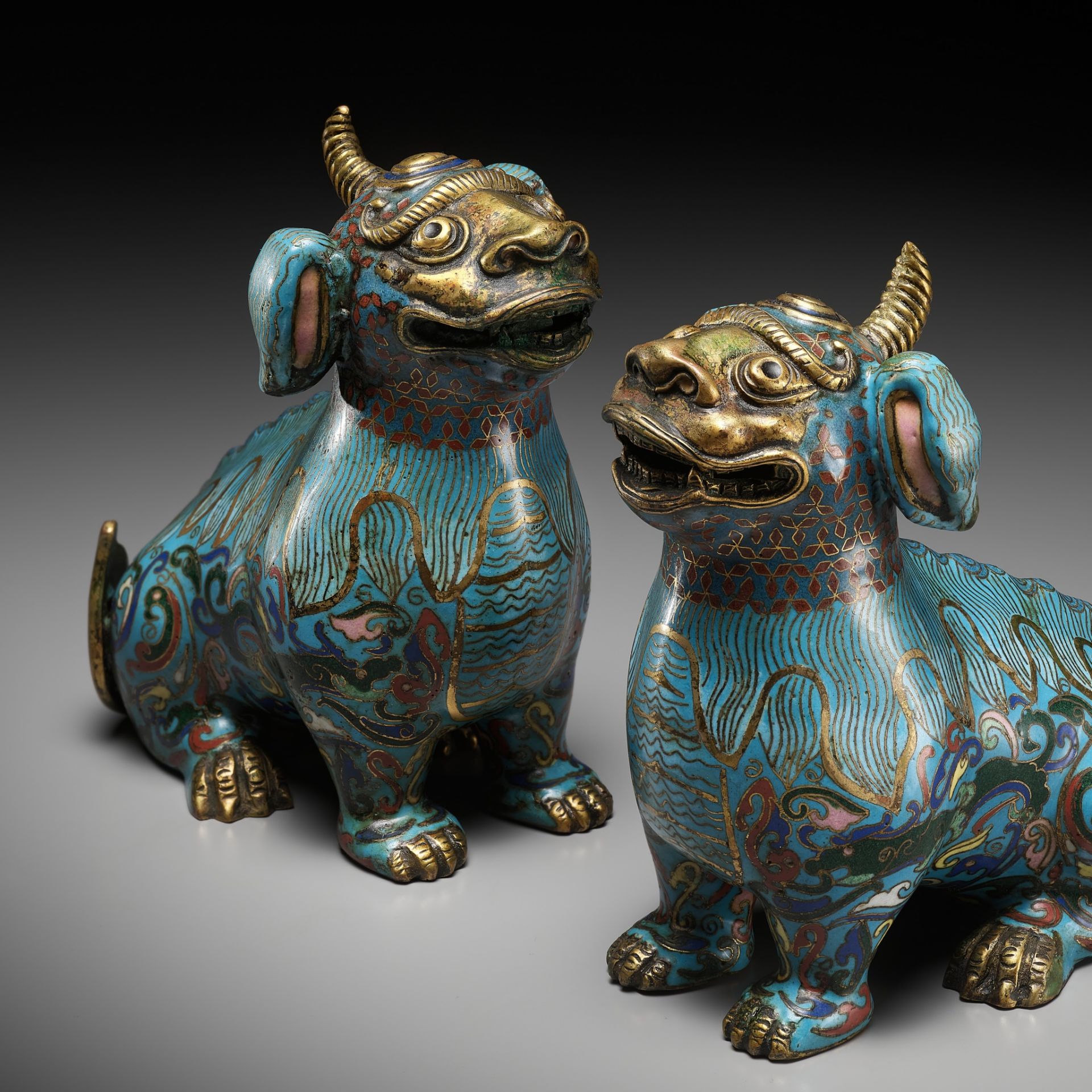 A PAIR OF GILT-BRONZE AND CLOISONNE ENAMEL LUDUAN, CHINA, 18TH - 19TH CENTURY