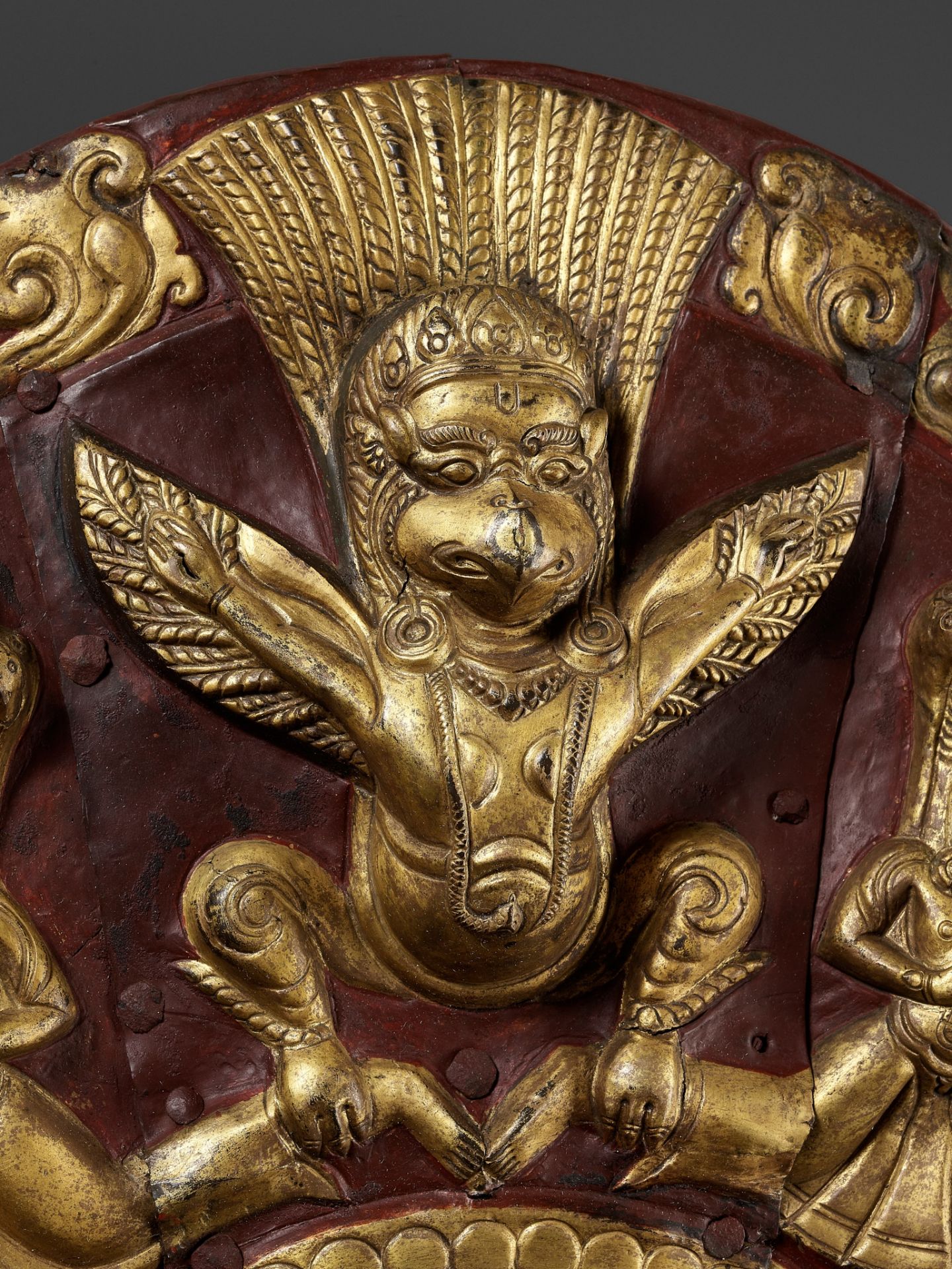 A LARGE GILT AND LACQUERED COPPER REPOUSSE TORANA, NEPAL, 17TH-18TH CENTURY - Image 2 of 8