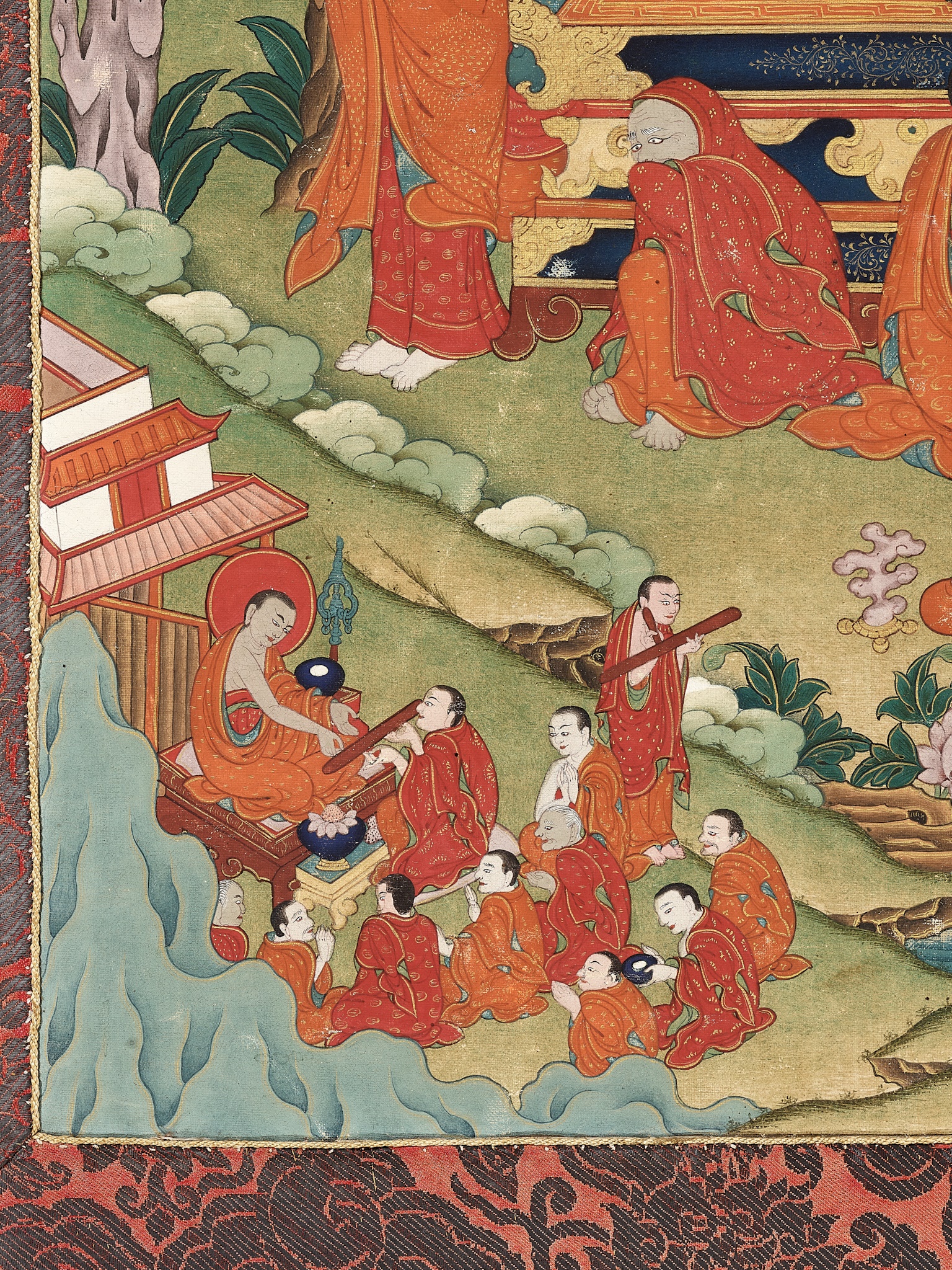 A RARE THANGKA DEPICTING THE BUDDHA'S PARINIRVANA, TIBET, 18TH - 19TH CENTURY - Image 9 of 13