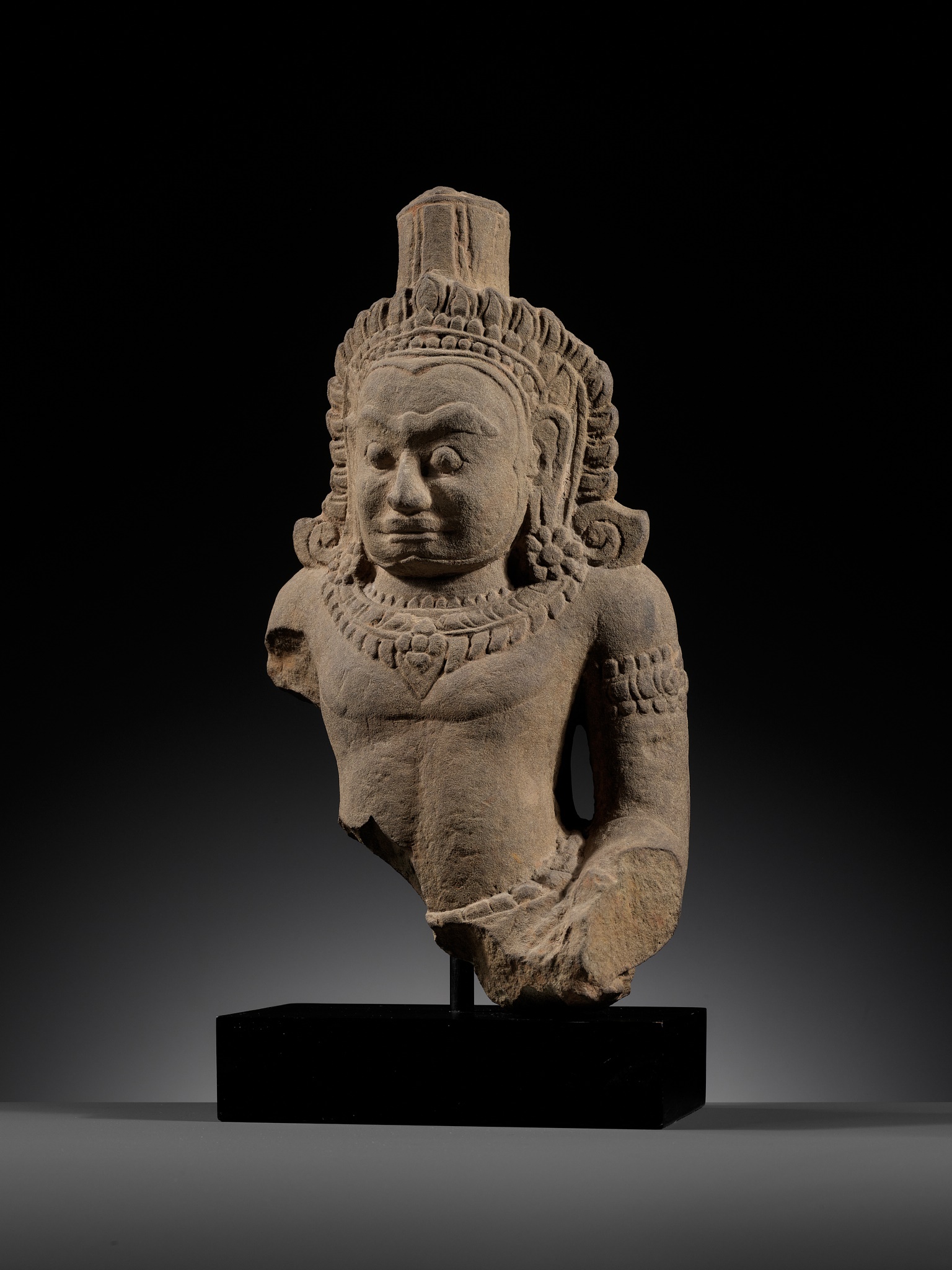 A SANDSTONE BUST OF A DEMON, ASURA, ANGKOR PERIOD - Image 2 of 11