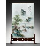 A FAMILLE ROSE POETRY PLAQUE, WITH A SCENIC MOUNTAIN AND RIVER LANDSCAPE, CHINA, DATED 1898