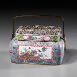 AN EXCEEDINGLY RARE IMPERIAL ENAMELED COPPER HANDWARMER, QIANLONG MARK AND PERIOD
