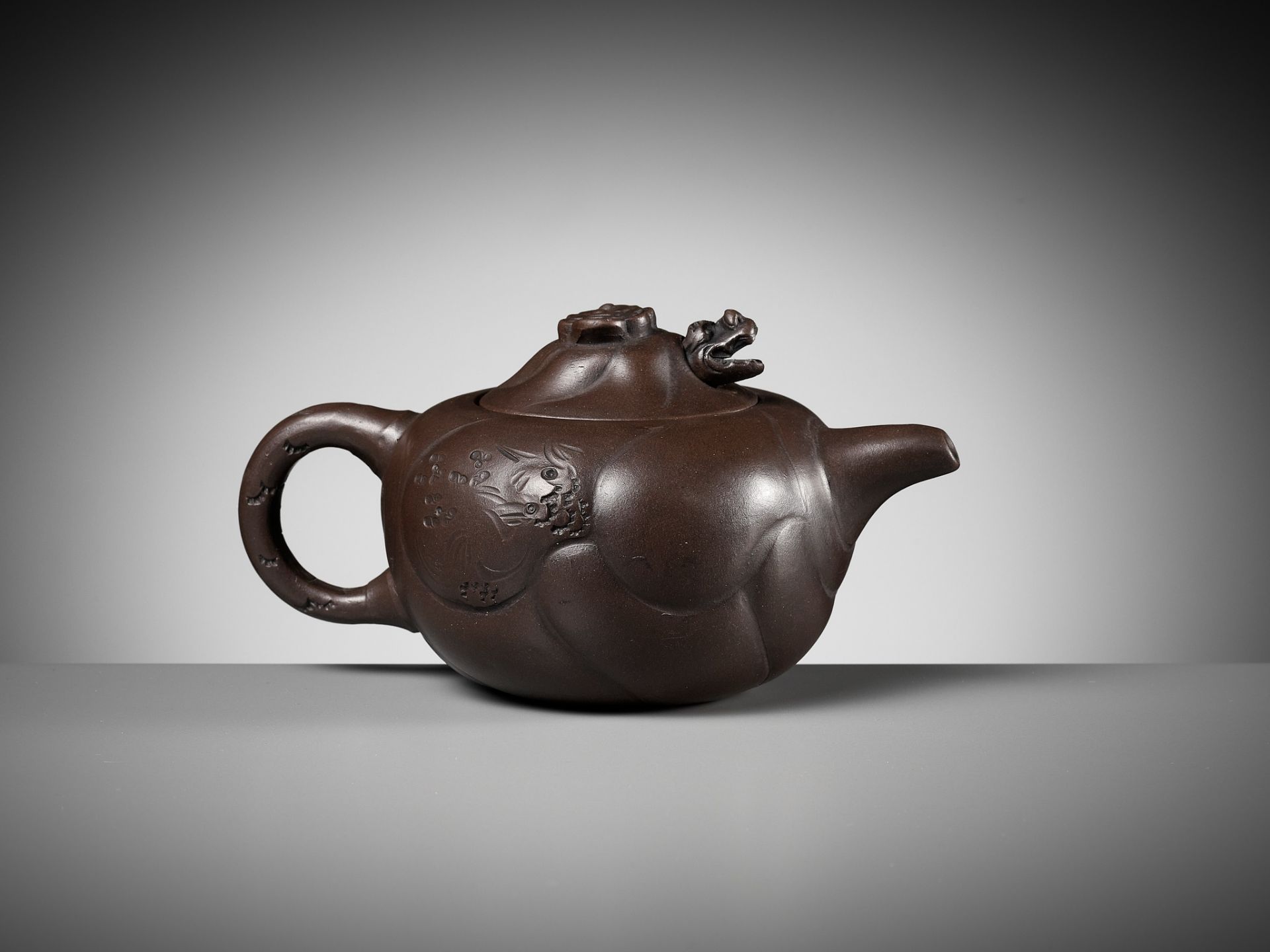 A YIXING STONEWARE 'DRAGON AND CARP' TEAPOT AND COVER, BY WANG YUYING, REPUBLIC PERIOD - Image 2 of 15