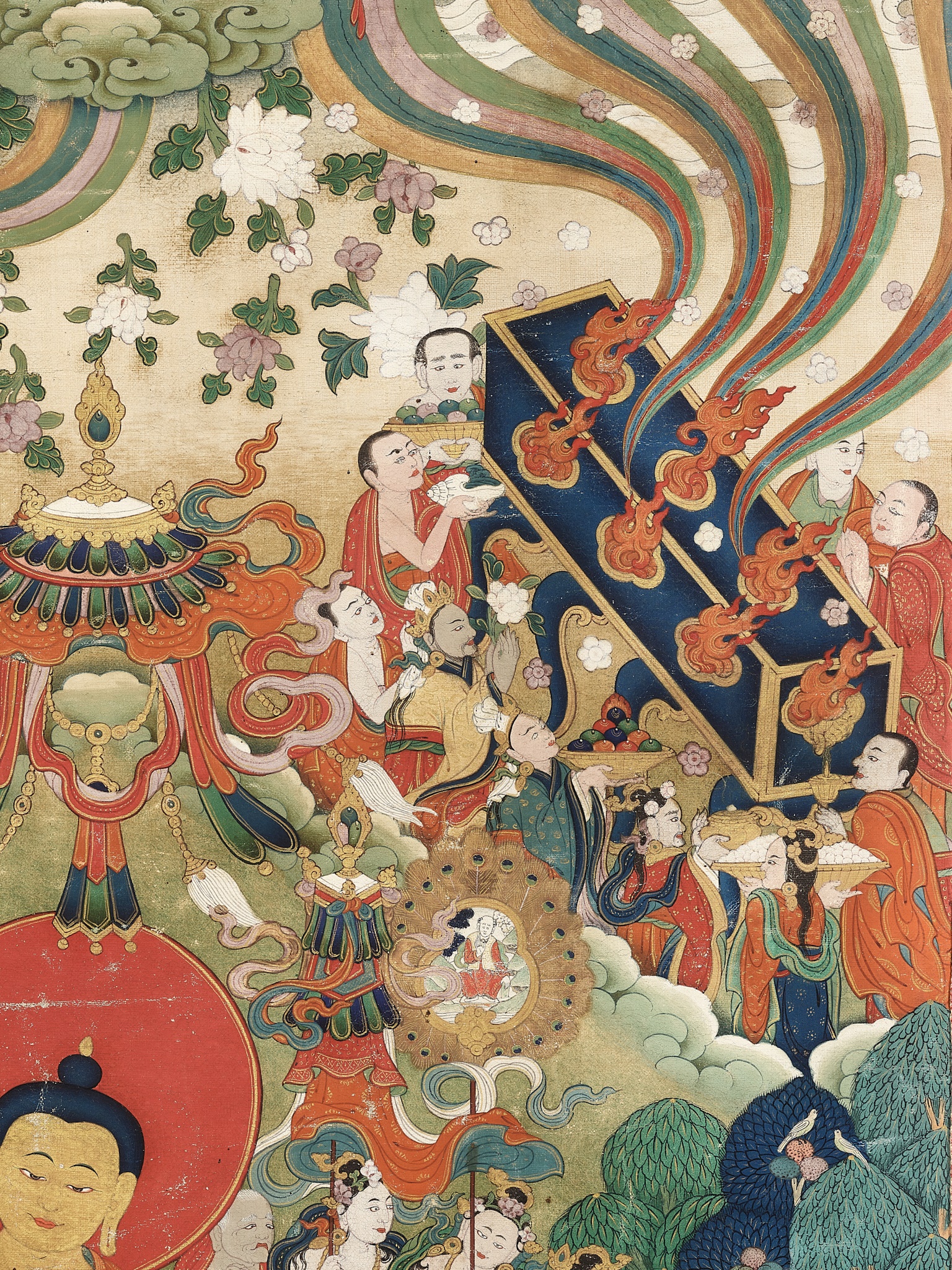 A RARE THANGKA DEPICTING THE BUDDHA'S PARINIRVANA, TIBET, 18TH - 19TH CENTURY - Image 7 of 13