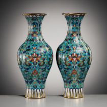 AN IMPERIAL PAIR OF QUADRILOBED CLOISONNÉ ENAMEL VASES, QIANLONG FIVE-CHARACTER MARK & OF THE PERIOD
