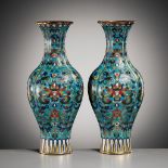 AN IMPERIAL PAIR OF QUADRILOBED CLOISONNÉ ENAMEL VASES, QIANLONG FIVE-CHARACTER MARK & OF THE PERIOD