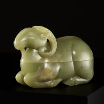 A CARVED CELADON JADE BOX AND COVER IN THE FORM OF A RAM, QING DYNASTY
