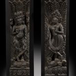 A PAIR OF CARVED WOOD TEMPLE STRUTS (VIGRAHA) DEPICTING SHIVA AND PARVATI