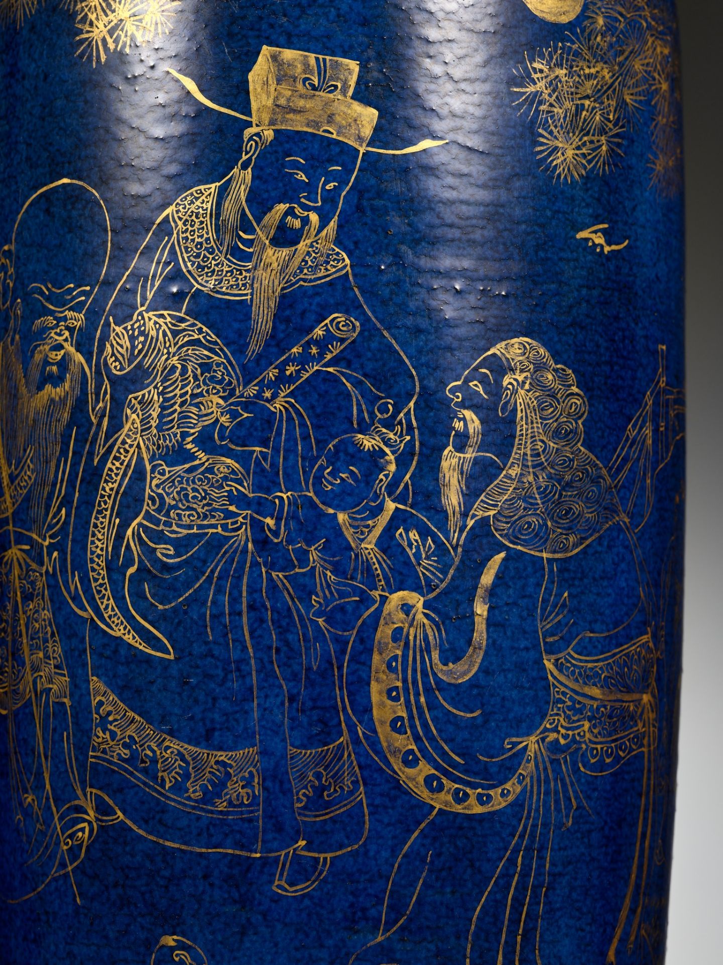 A GILT-DECORATED POWDER-BLUE-GROUND 'THREE STAR GODS' ROULEAU VASE, KANGXI PERIOD - Image 2 of 17