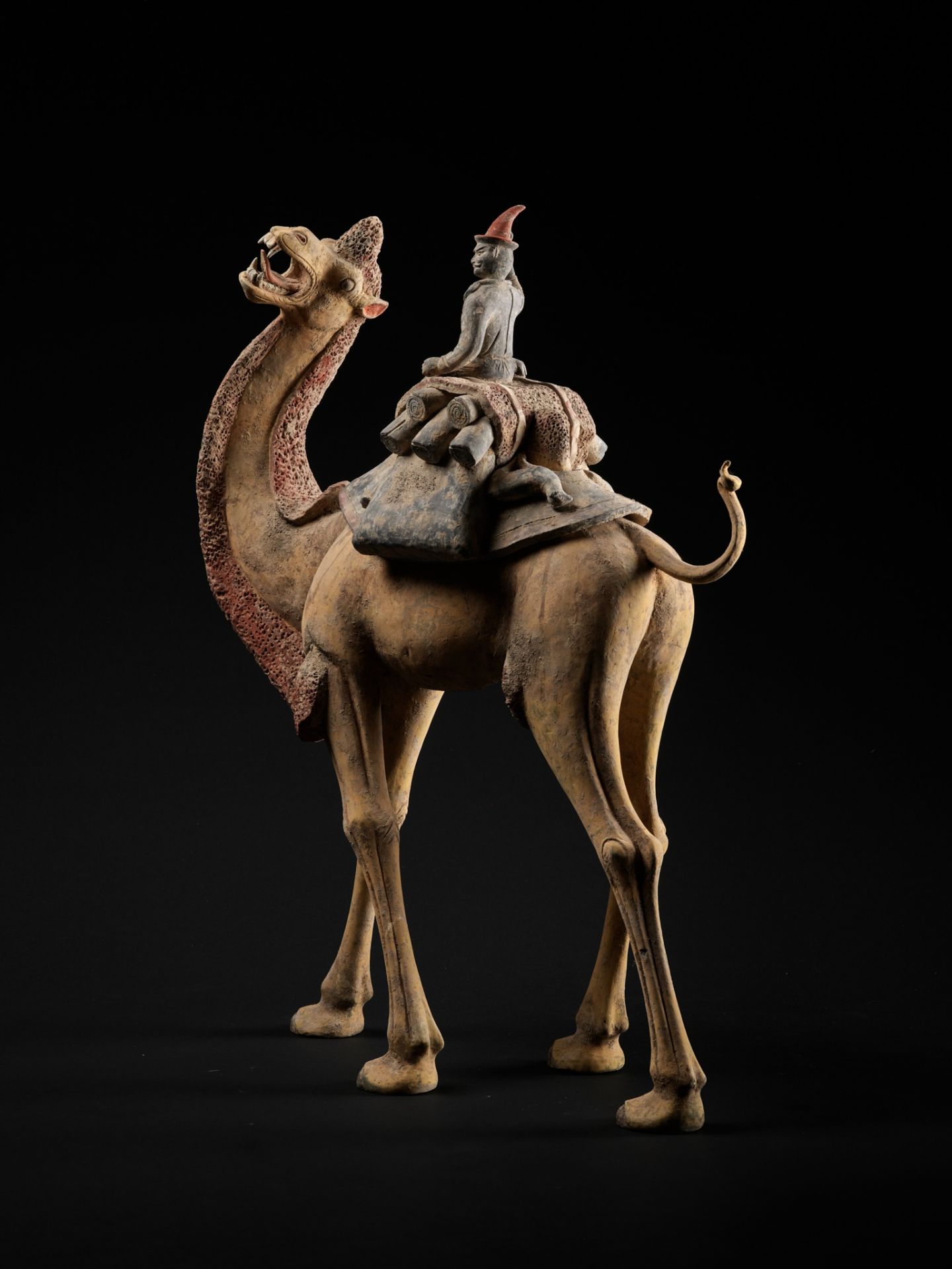 AN EXCEPTIONALLY LARGE PAINTED POTTERY FIGURE OF A BACTRIAN CAMEL AND A SOGDIAN RIDER, TANG DYNASTY - Image 8 of 12