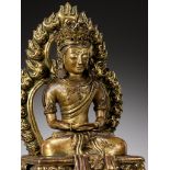 A GILT BRONZE FIGURE OF AMITAYUS, QIANLONG NINE-CHARACTER MARK AND OF THE PERIOD, DATED 1770