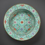 A TURQUOISE-GROUND GILT-DECORATED FAMILLE ROSE BASIN, LATE QING DYNASTY