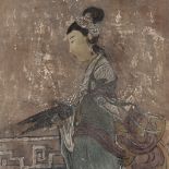 A POLYCHROME STUCCO FRESCO FRAGMENT DEPICTING A CELESTIAL MAIDEN, YUAN TO MING DYNASTY