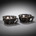 A PAIR OF SILVER-LINED ZITAN 'MAGNOLIA' LIBATION CUPS, CHINA, 18TH CENTURY