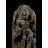 A GRANITE STELE OF SHIVA ARDHANARISHVARA AND NANDI, CHOLA PERIOD,SOUTH INDIA,TAMIL NADU,11TH-12TH C.