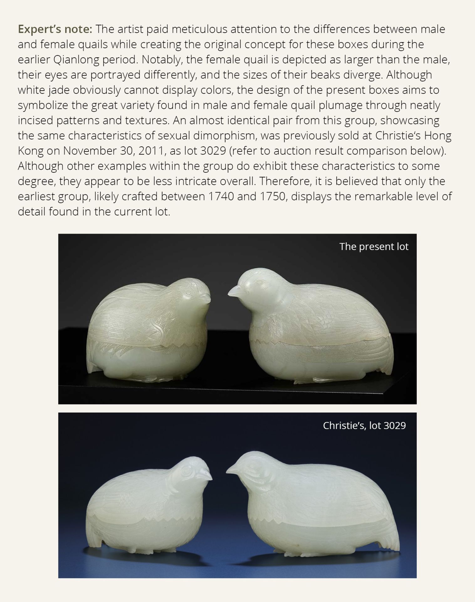 AN EXCEPTIONAL PAIR OF WHITE JADE 'QUAIL' BOXES AND COVERS, QIANLONG PERIOD, 1736-1795 - Bild 4 aus 20