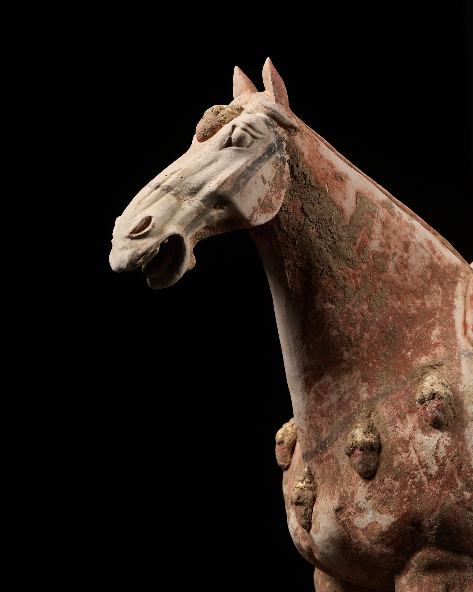 A PAINTED AND GILT POTTERY FIGURE OF A PRANCING HORSE, TANG DYNASTY