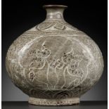 A SLIP-INLAID CELADON-GLAZED STONEWARE OIL BOTTLE, GORYEO DYNASTY