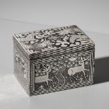 A SILVER AND COPPER-INLAID IRON 'MYTHICAL ANIMALS' TOBACCO BOX AND COVER, JOSEON DYNASTY