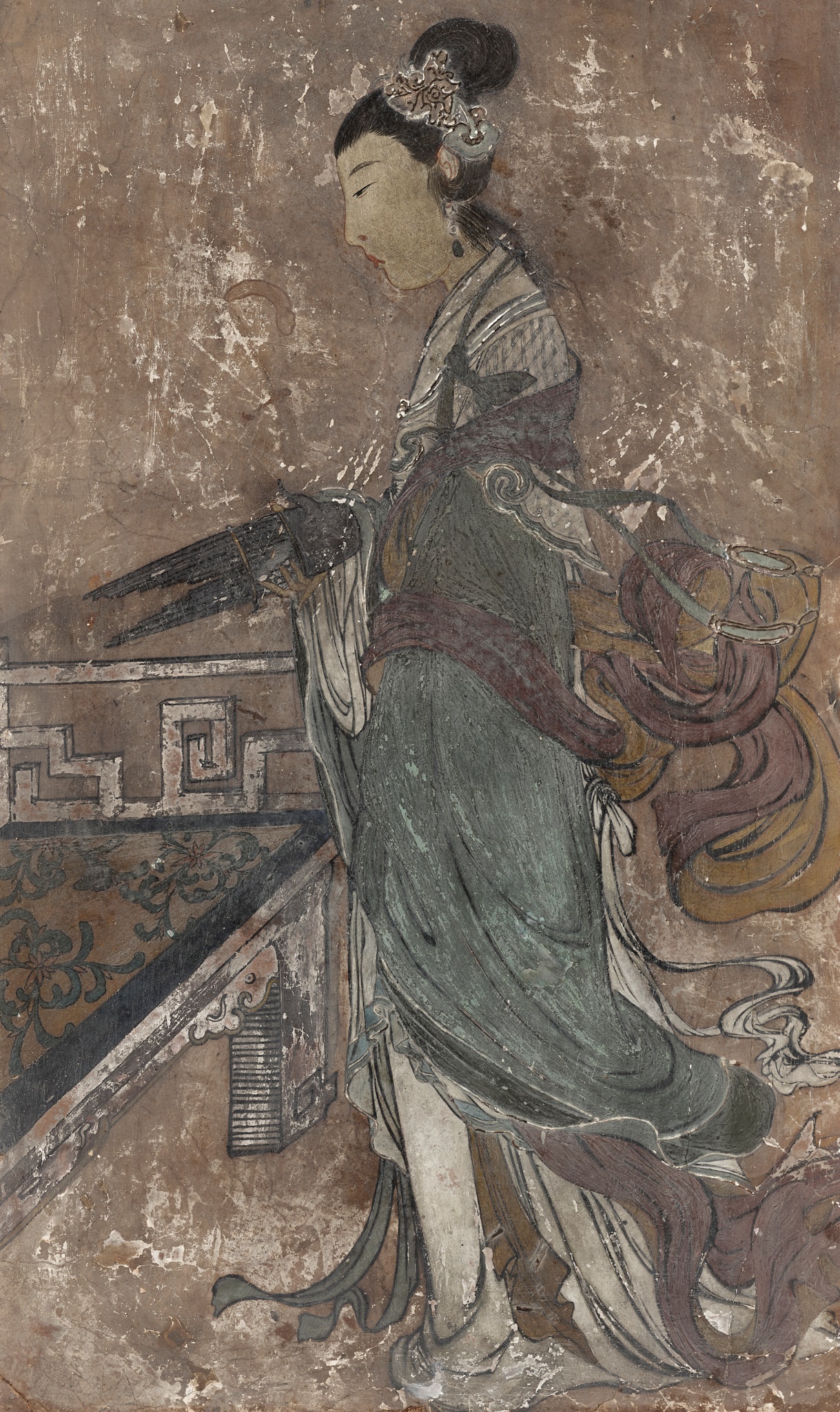 A POLYCHROME STUCCO FRESCO FRAGMENT DEPICTING A CELESTIAL MAIDEN, YUAN TO MING DYNASTY - Image 2 of 10