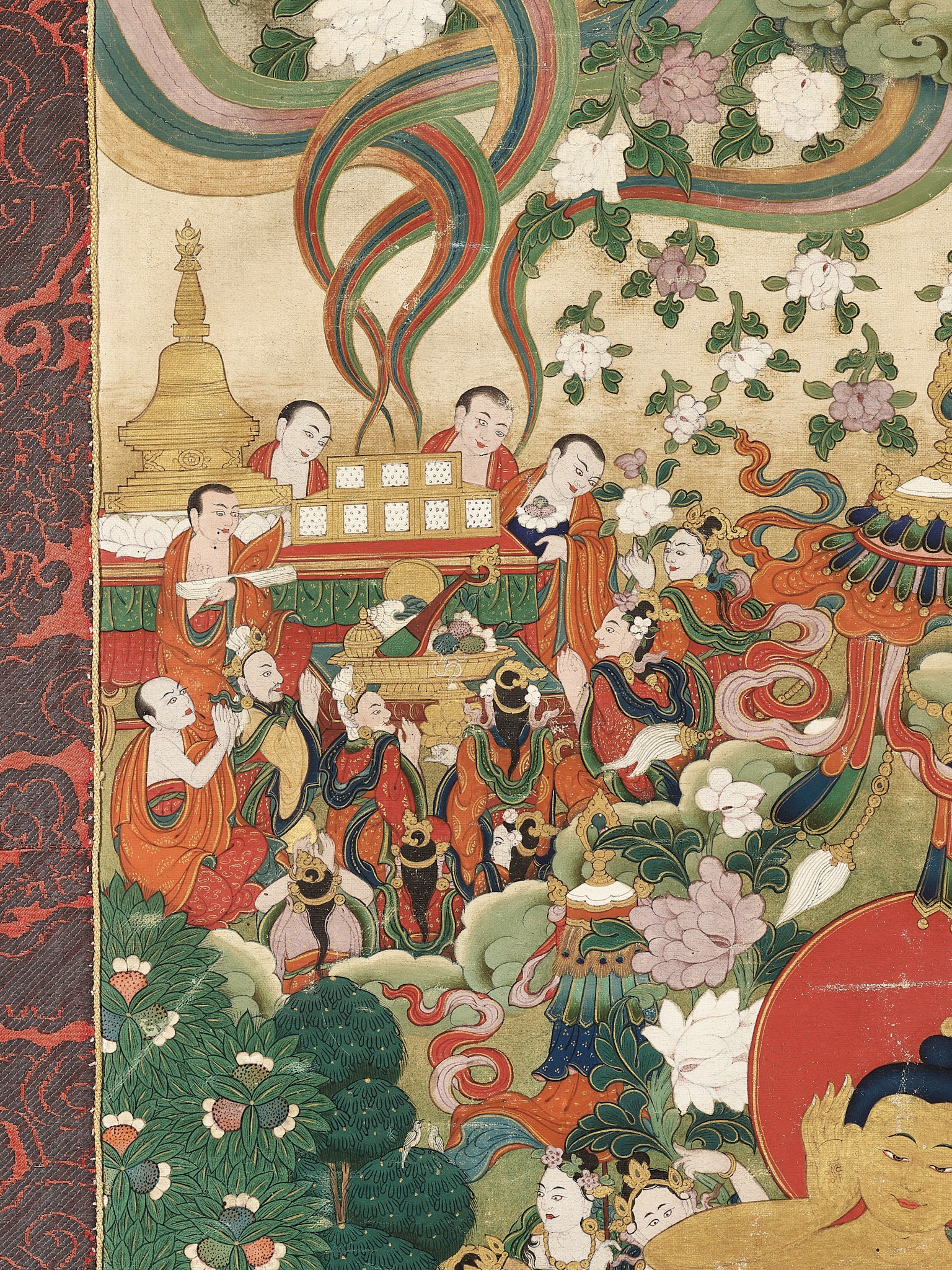 A RARE THANGKA DEPICTING THE BUDDHA'S PARINIRVANA, TIBET, 18TH - 19TH CENTURY - Image 8 of 13