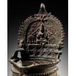 A BRONZE OIL LAMP DEPICTING GAJALAKSHMI WITH ELEPHANTS, SOUTH INDIA, KERALA, 15TH-17TH CENTURY