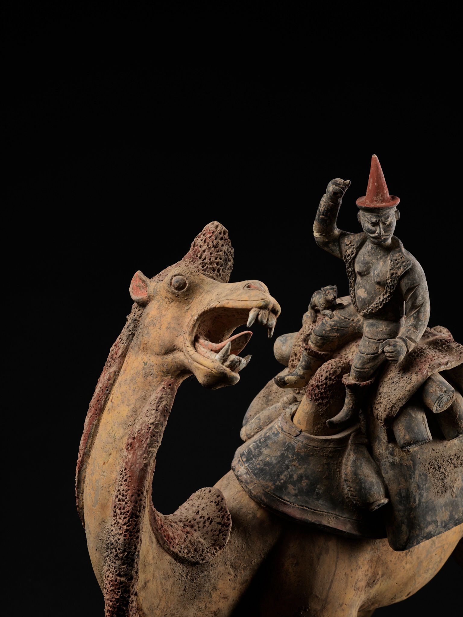 AN EXCEPTIONALLY LARGE PAINTED POTTERY FIGURE OF A BACTRIAN CAMEL AND A SOGDIAN RIDER, TANG DYNASTY - Image 10 of 12